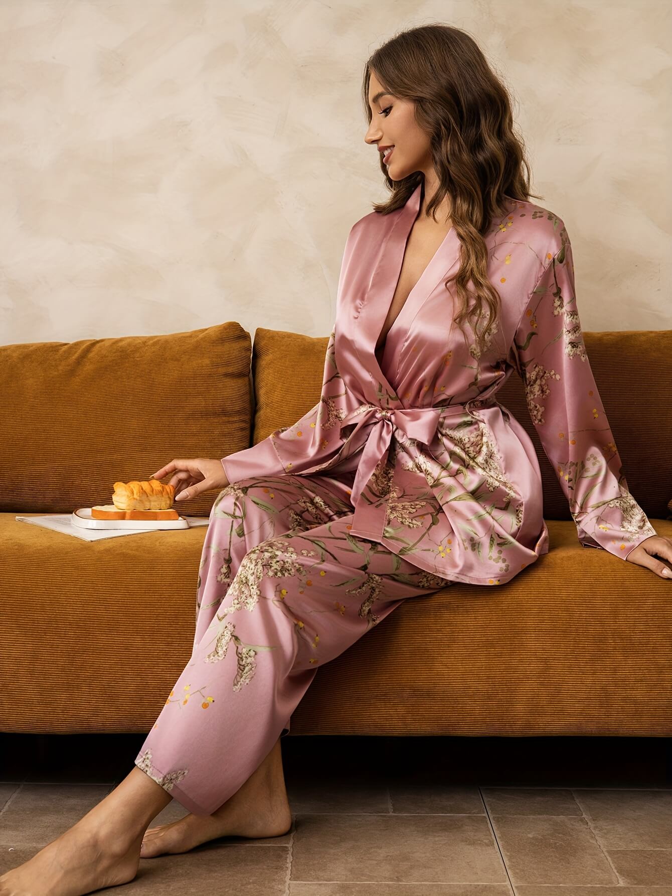 22 Momme Cherry Printed Women Long Silk Pajama Set with Belt