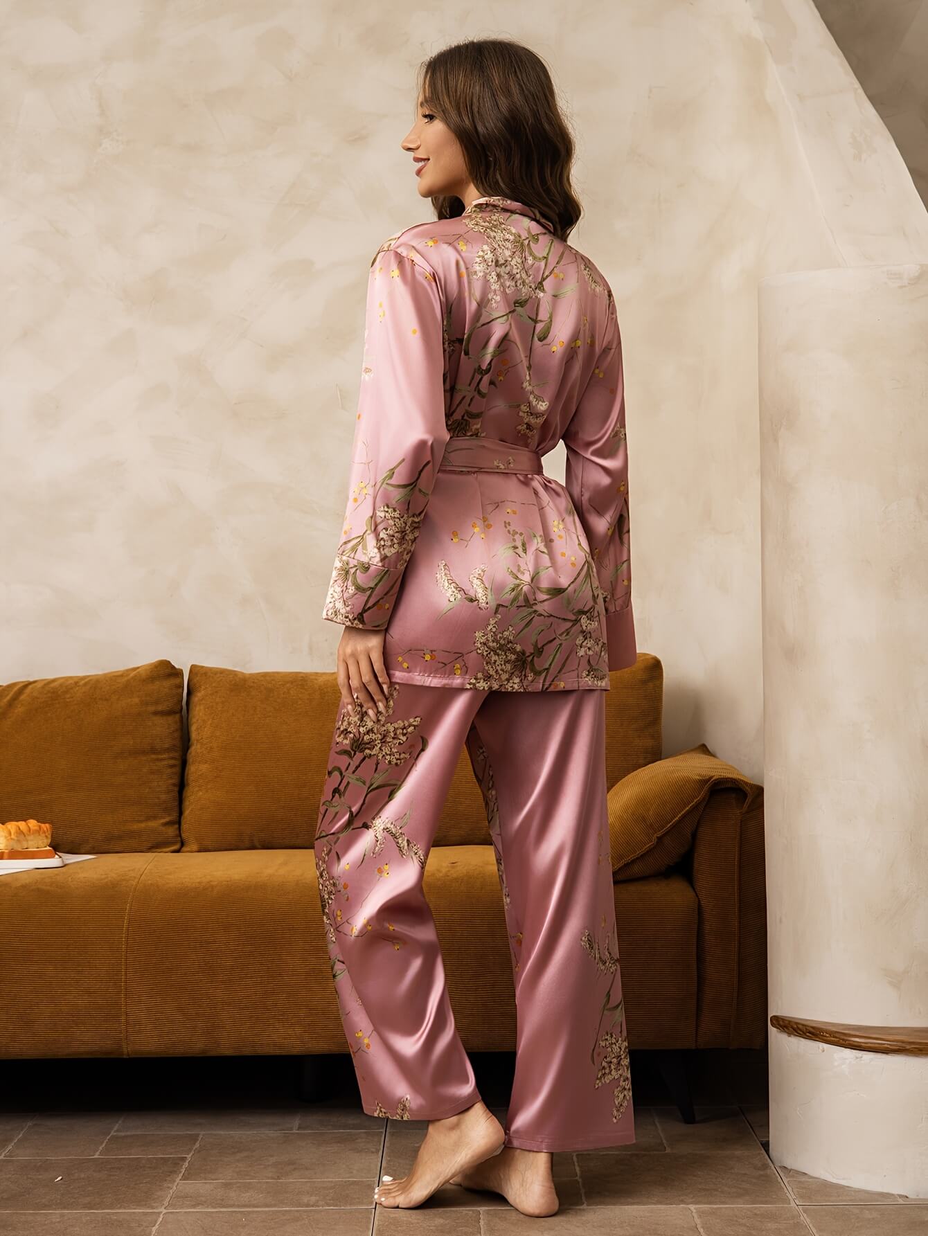 22 Momme Cherry Printed Women Long Silk Pajama Set with Belt