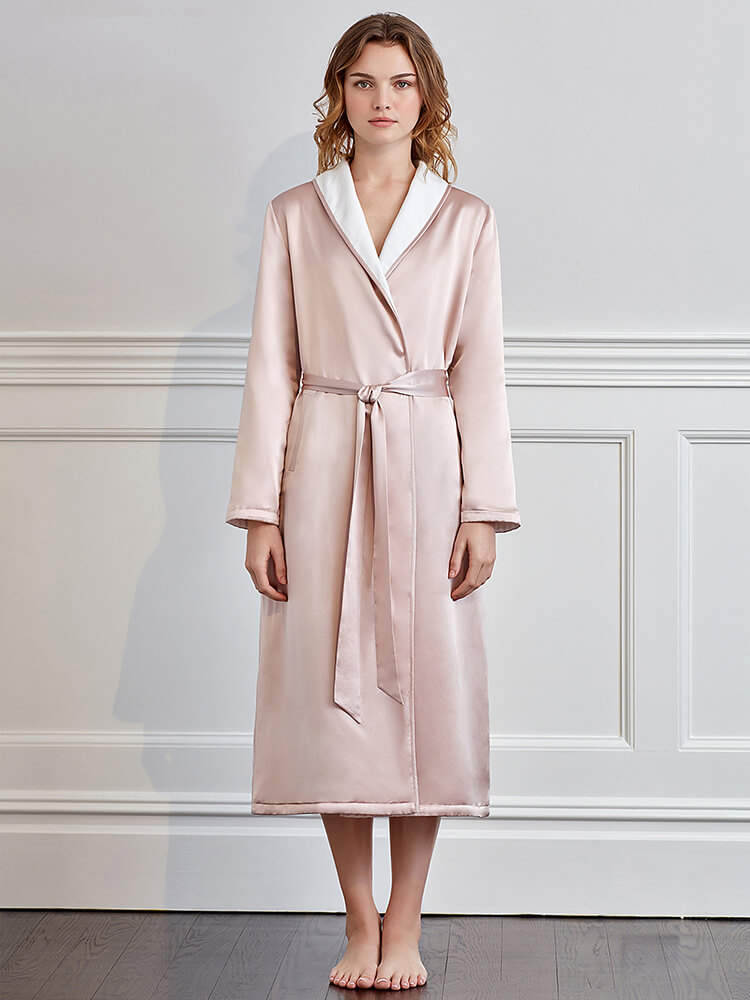 Womens Luxury Fall-Winter Warm Silk Bathrobe With Cotton Lining