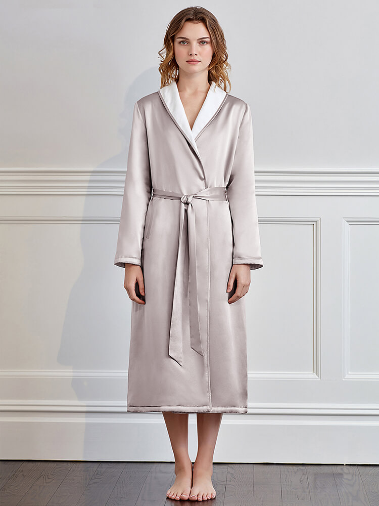 Womens Luxury Fall-Winter Warm Silk Bathrobe With Cotton Lining