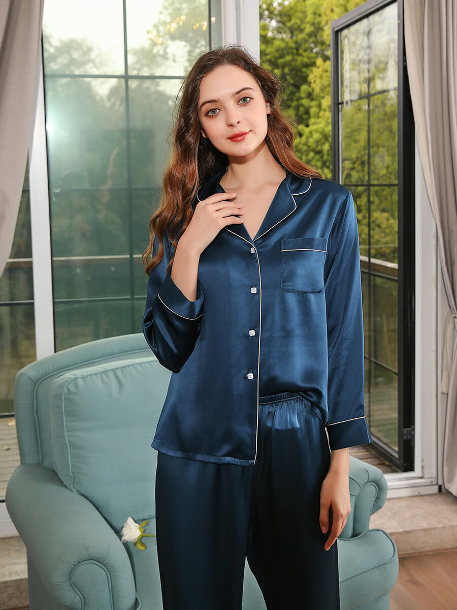 22 Momme Ocean Blue Long Sleeve Silk Pajama Set For Women