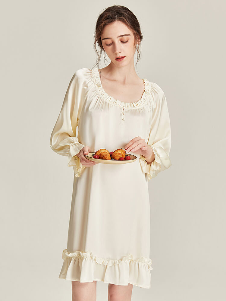 22 Momme Ivory Ruffle-Trim Long Sleeve Silk Nightdress