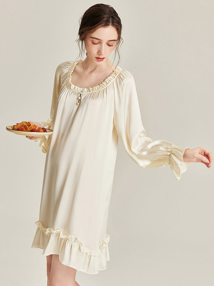 22 Momme Ivory Ruffle-Trim Long Sleeve Silk Nightdress
