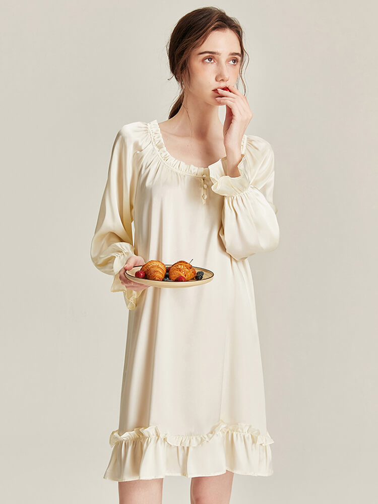 22 Momme Ivory Ruffle-Trim Long Sleeve Silk Nightdress