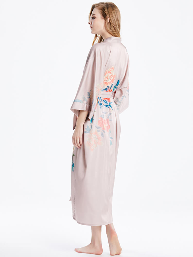 16 Momme Peony Printed Womens Long Silk Kimono Robe