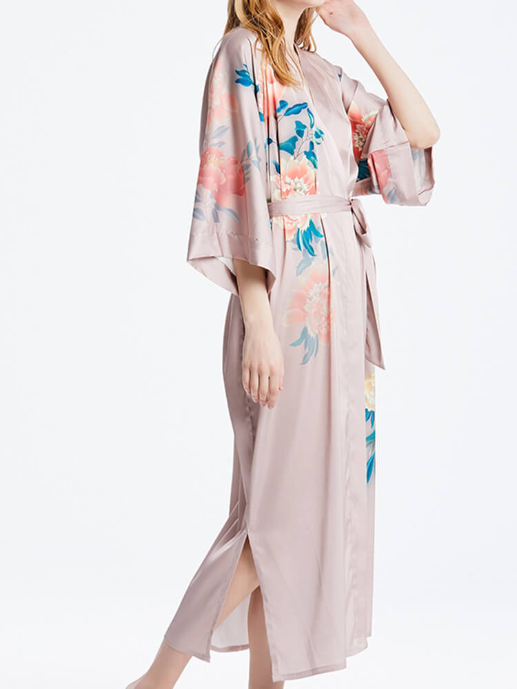16 Momme Peony Printed Womens Long Silk Kimono Robe