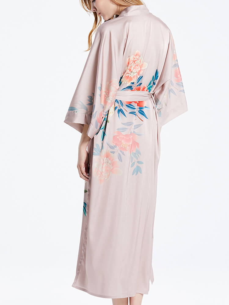 16 Momme Peony Printed Womens Long Silk Kimono Robe
