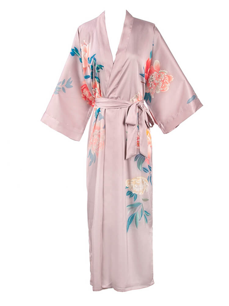 16 Momme Peony Printed Womens Long Silk Kimono Robe