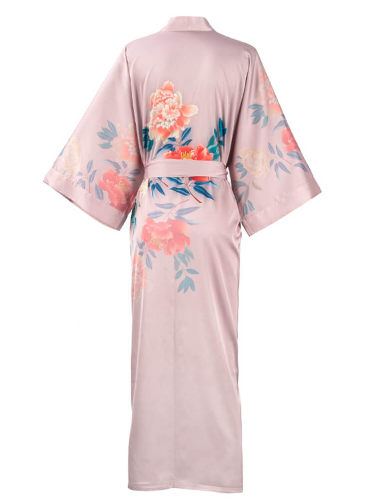 16 Momme Peony Printed Womens Long Silk Kimono Robe