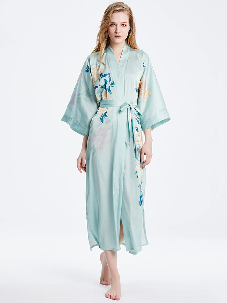 16 Momme Peony Printed Womens Long Silk Kimono Robe