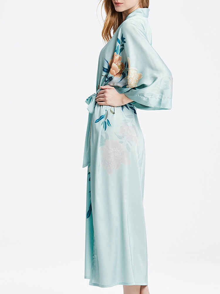 16 Momme Peony Printed Womens Long Silk Kimono Robe