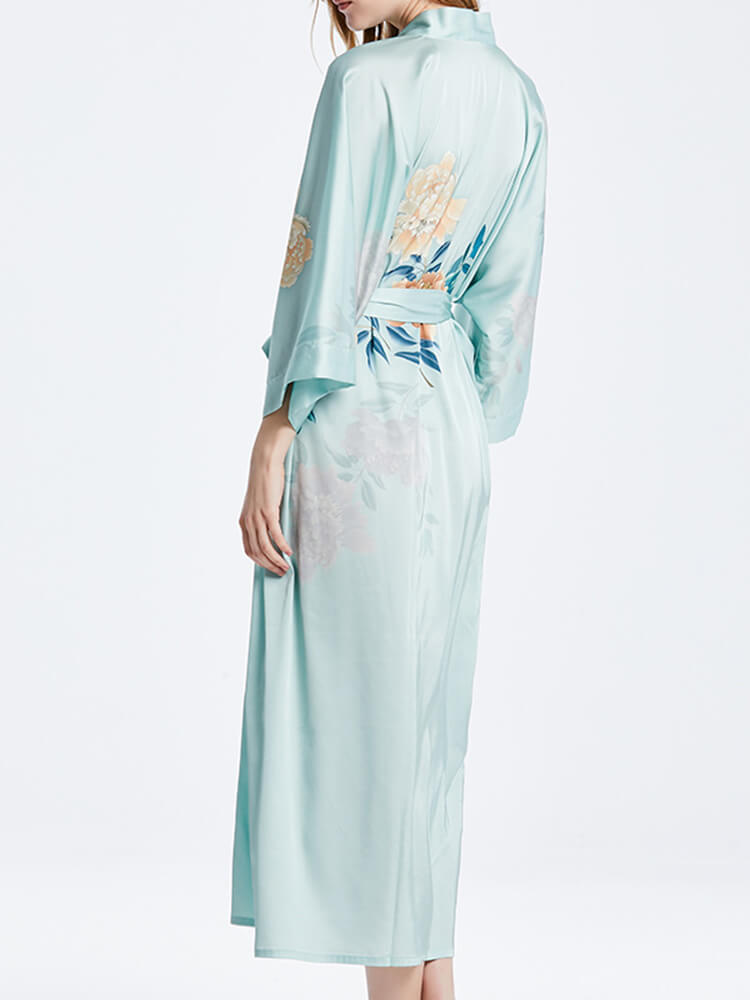 16 Momme Peony Printed Womens Long Silk Kimono Robe