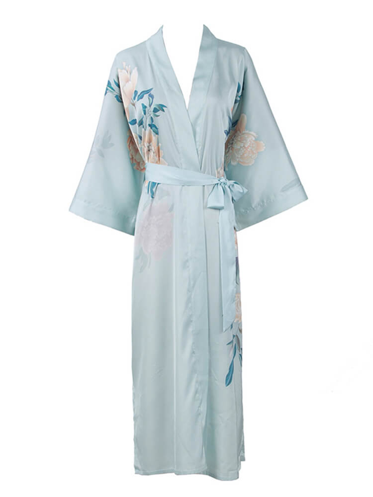 16 Momme Peony Printed Womens Long Silk Kimono Robe