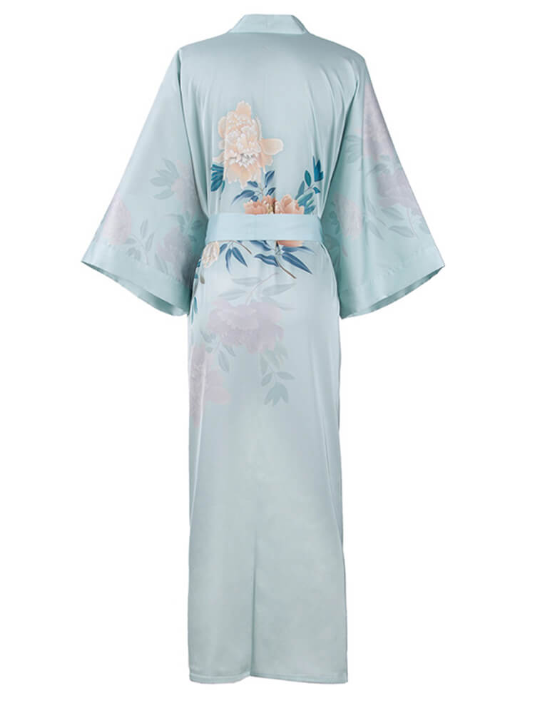 16 Momme Peony Printed Womens Long Silk Kimono Robe