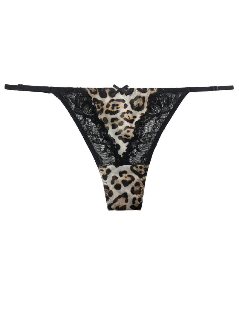 Leopard Printed Mesh and Lace Silk Panty