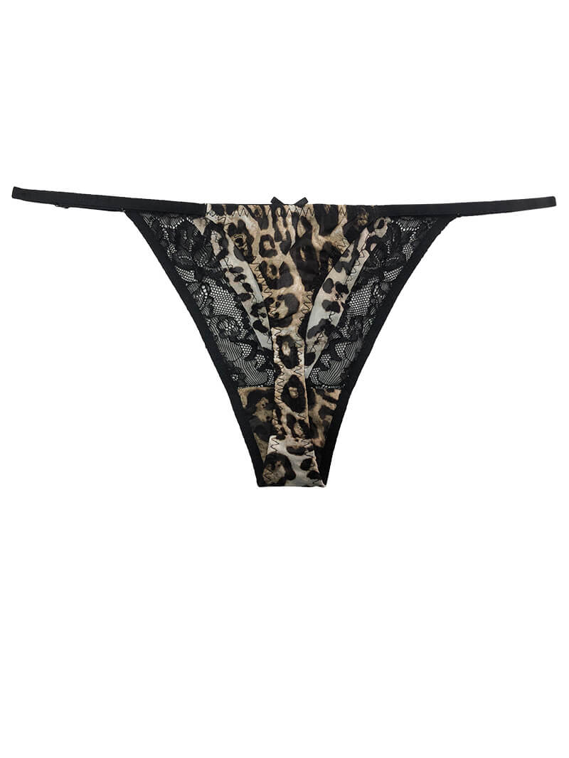 Leopard Printed Mesh and Lace Silk Panty