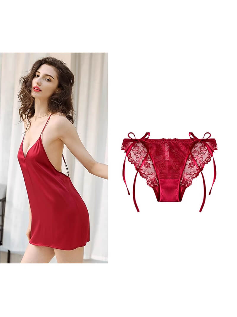 Red Lace-up Charmeuse Silk Panty