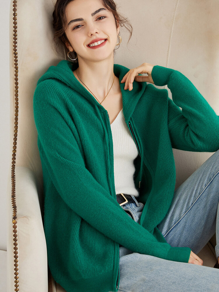 Long Sleeve Zip Hooded Pure Cashmere Cardigan