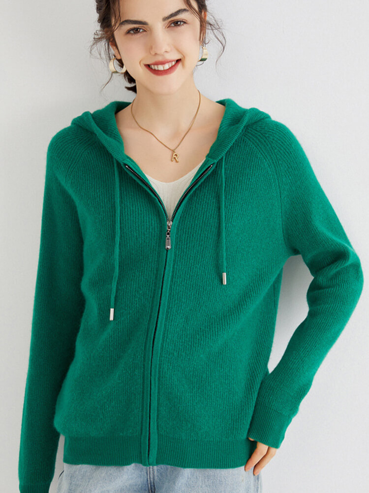 Long Sleeve Zip Hooded Pure Cashmere Cardigan