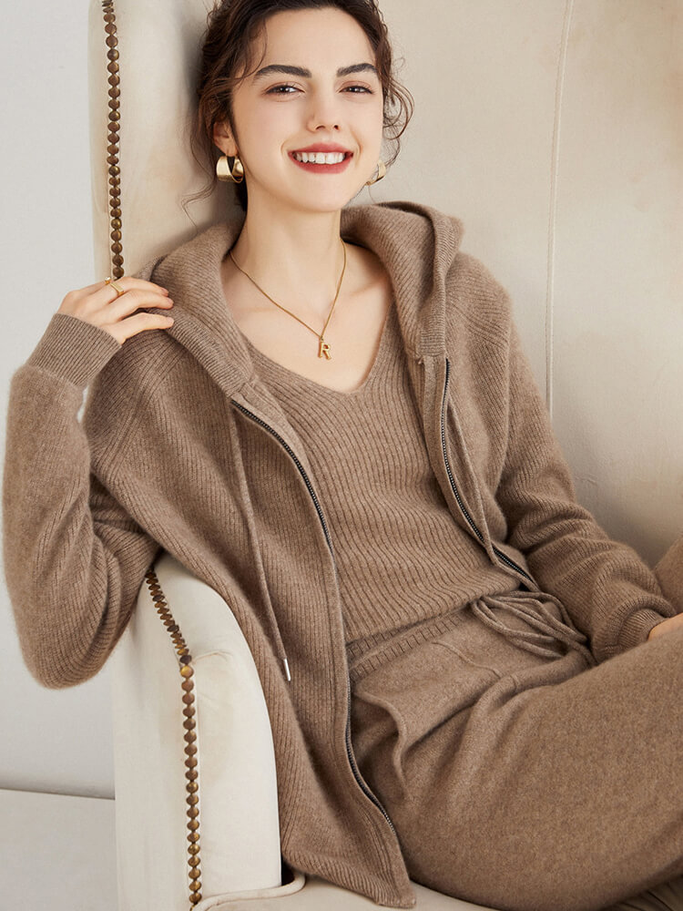 Long Sleeve Zip Hooded Pure Cashmere Cardigan