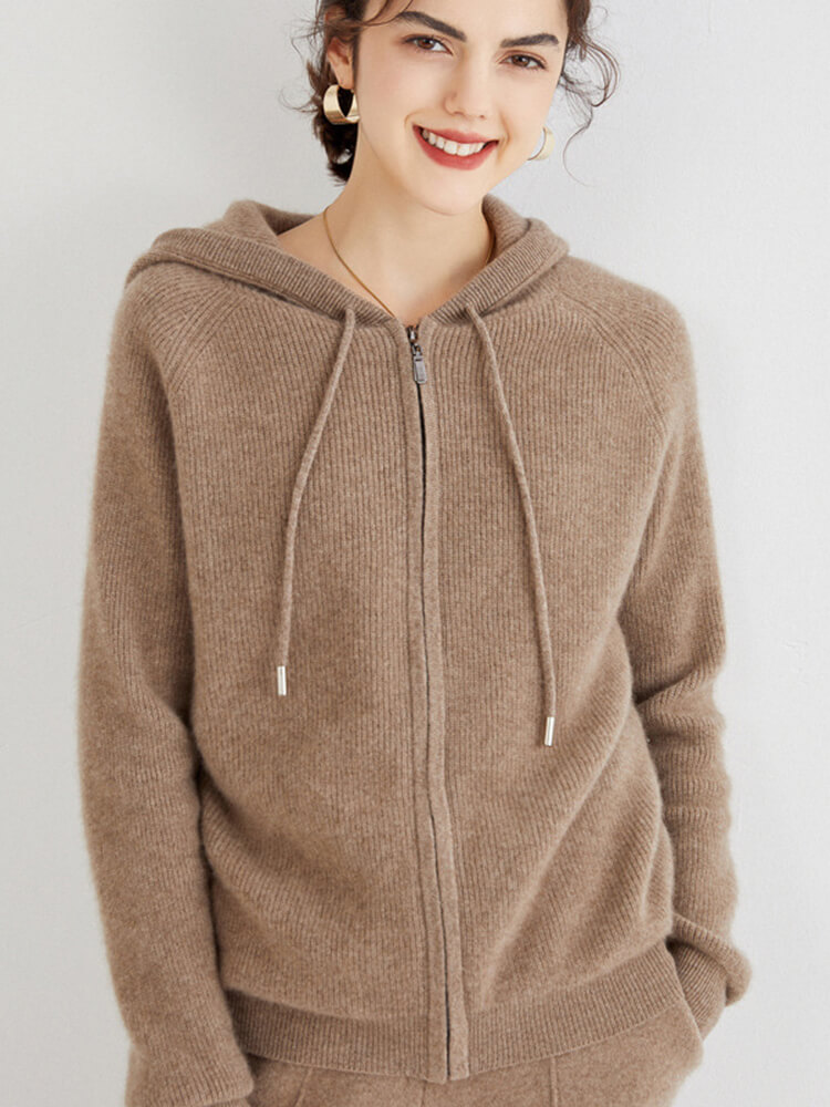 Long Sleeve Zip Hooded Pure Cashmere Cardigan