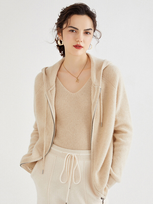 Long Sleeve Zip Hooded Pure Cashmere Cardigan Long Sleeve Zip Hooded Pure Cashmere Cardigan