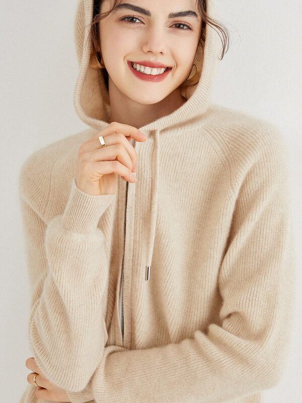 Long Sleeve Zip Hooded Pure Cashmere Cardigan Long Sleeve Zip Hooded Pure Cashmere Cardigan