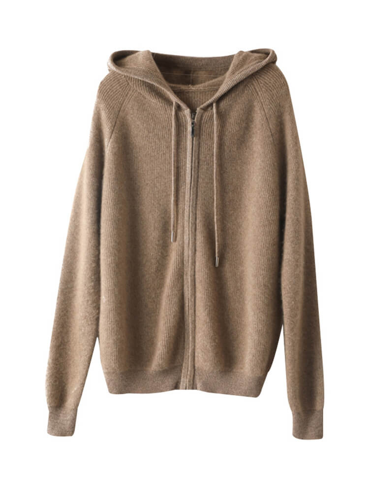 Long Sleeve Zip Hooded Pure Cashmere Cardigan