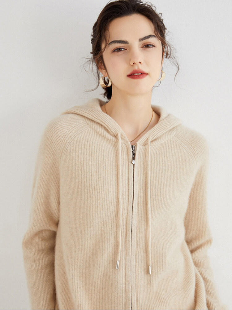 Long Sleeve Zip Hooded Pure Cashmere Cardigan