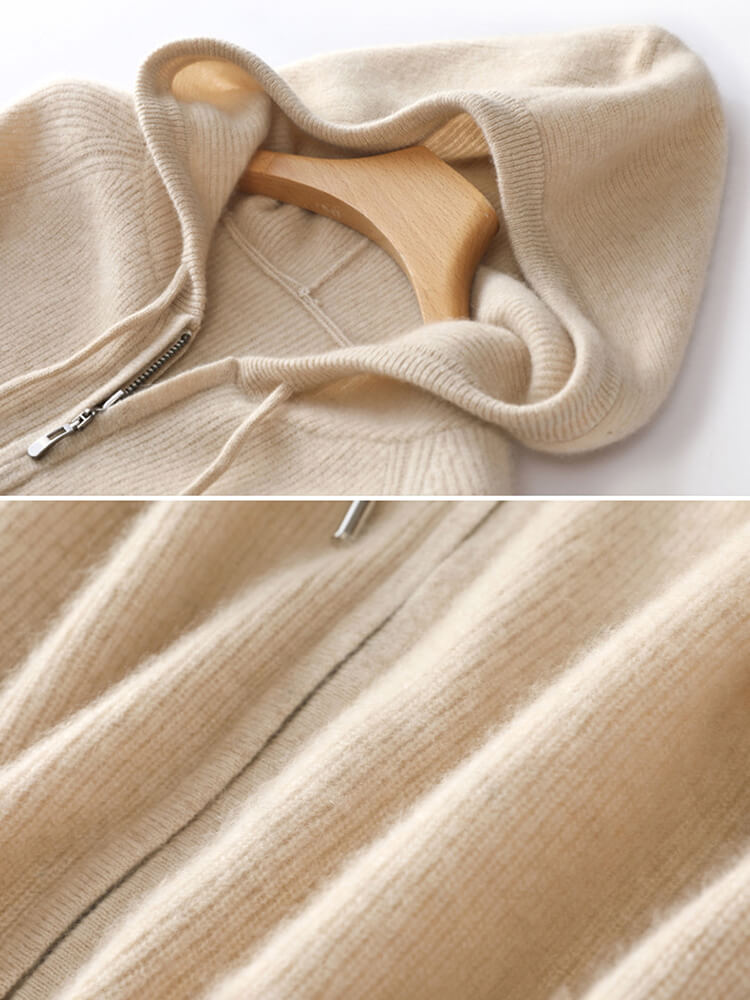 Long Sleeve Zip Hooded Pure Cashmere Cardigan