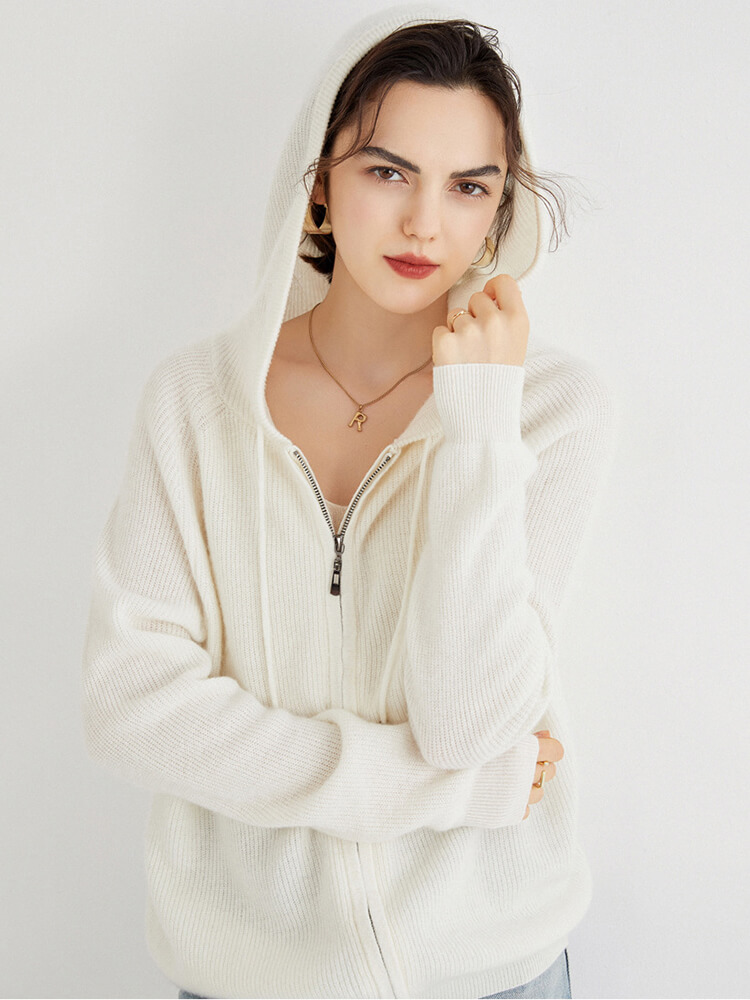 Long Sleeve Zip Hooded Pure Cashmere Cardigan