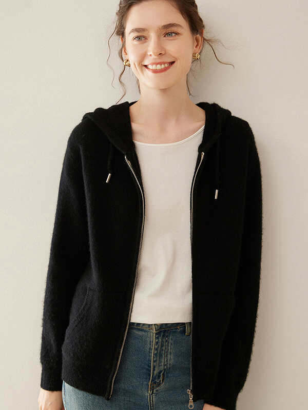 Long Sleeve Zip Hooded Pure Cashmere Cardigan