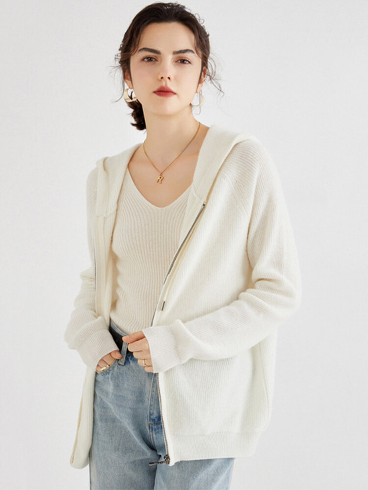 Long Sleeve Zip Hooded Pure Cashmere Cardigan