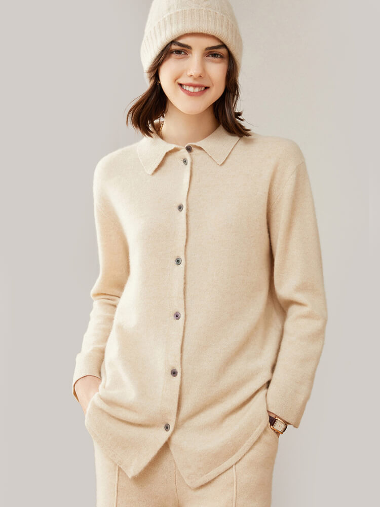 Womens Button Front Cashmere Polo Cardigan Sweater