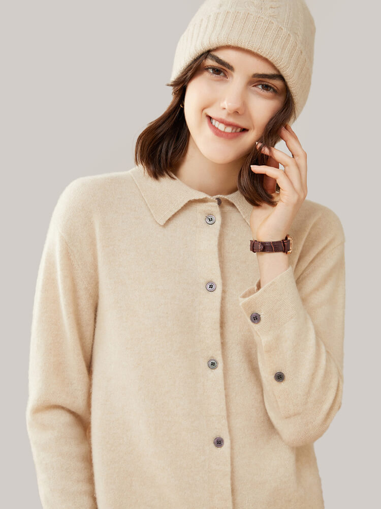Womens Button Front Cashmere Polo Cardigan Sweater