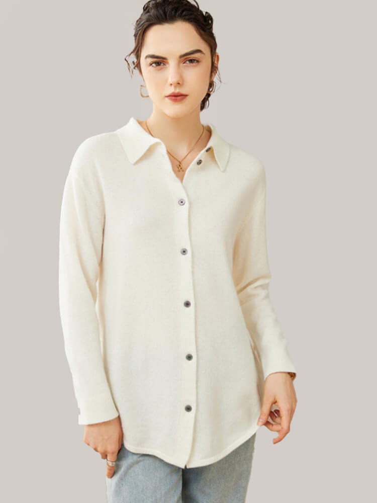 Womens Button Front Cashmere Polo Cardigan Sweater