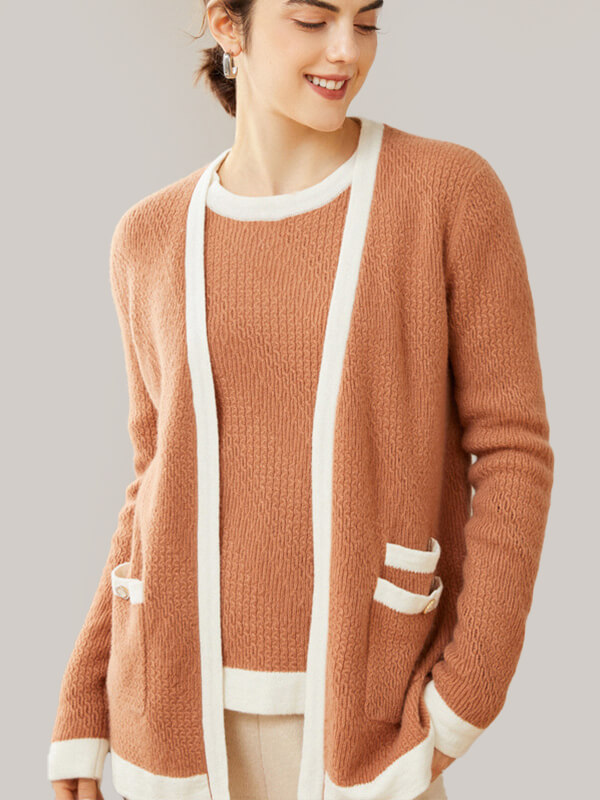 Fashion Contrast Color Cashmere Cable Knit Cardigan