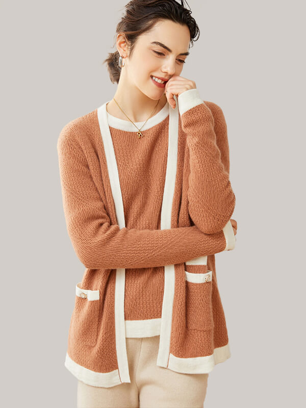 Fashion Contrast Color Cashmere Cable Knit Cardigan