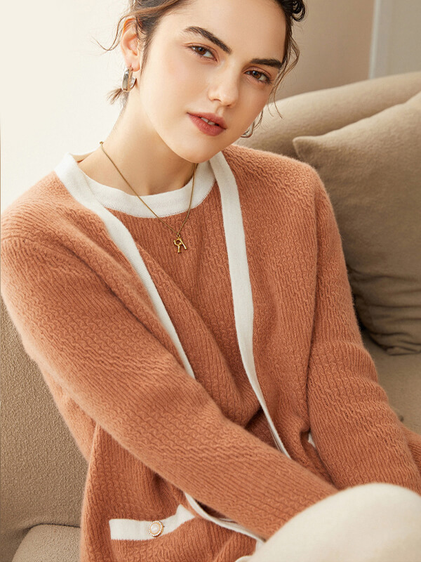 Fashion Contrast Color Cashmere Cable Knit Cardigan