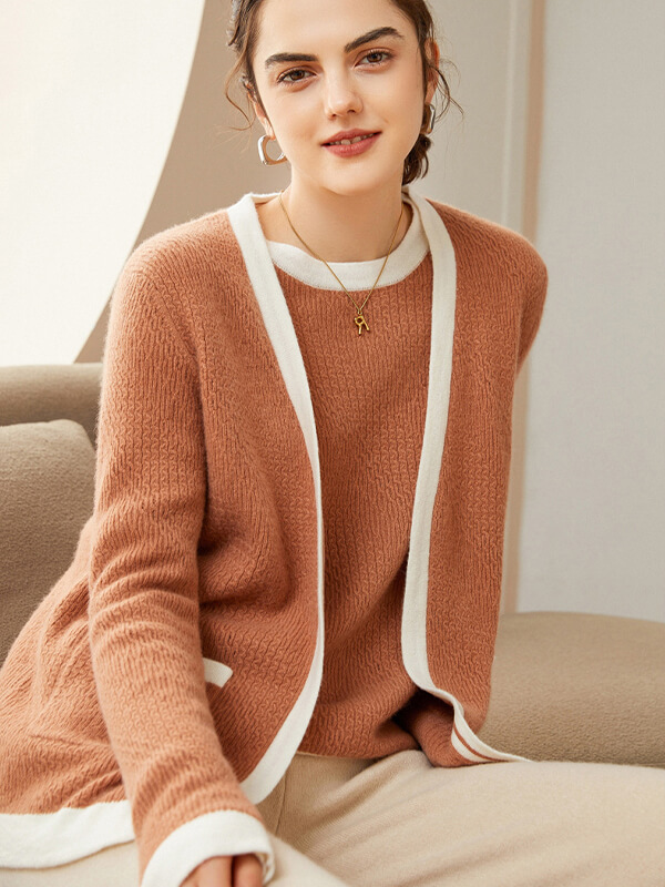 Fashion Contrast Color Cashmere Cable Knit Cardigan