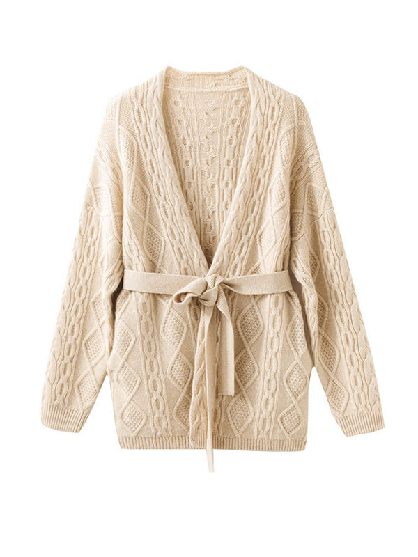 Women's 100% Cashmere Long Sleeve Cable-Knit Cardigan With Belt