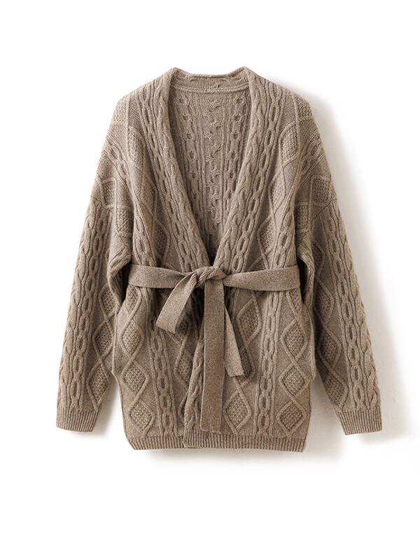 Women's 100% Cashmere Long Sleeve Cable-Knit Cardigan With Belt