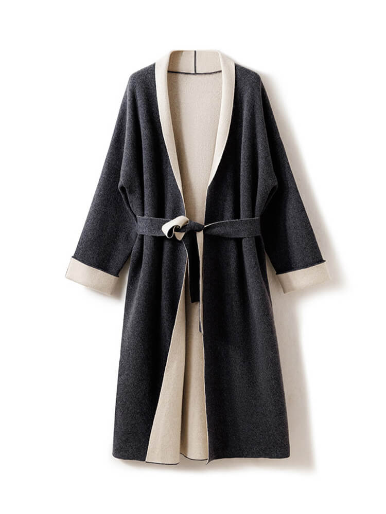 Open Front Belted Long Cashmere Cardigan for Women