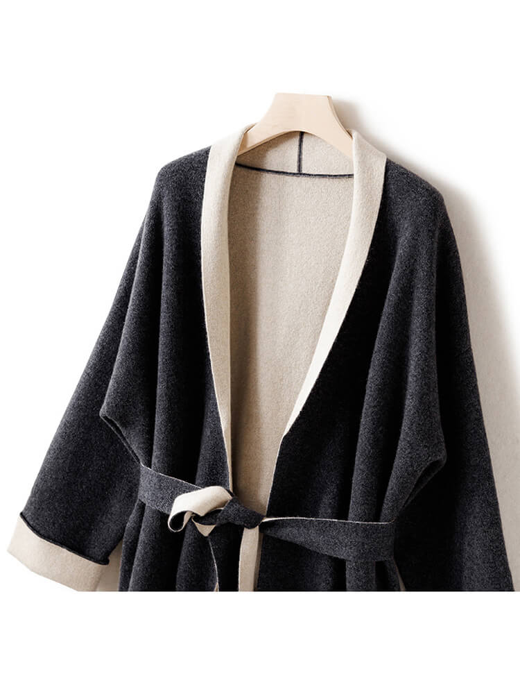 Open Front Belted Long Cashmere Cardigan for Women