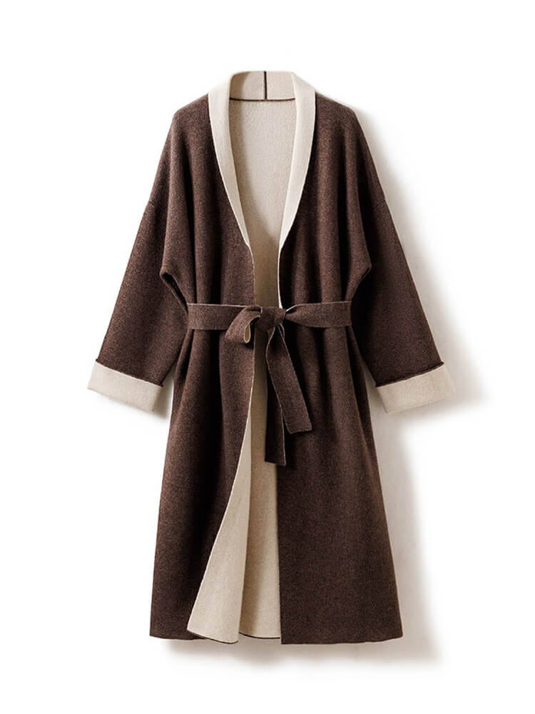 Open Front Belted Long Cashmere Cardigan for Women