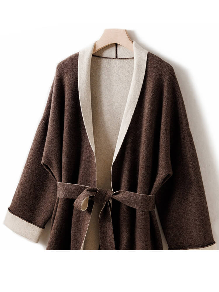 Open Front Belted Long Cashmere Cardigan for Women