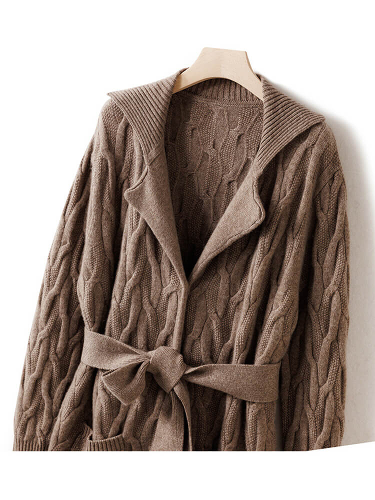 Cable Knit Lapel Collar Long Cashmere Robe