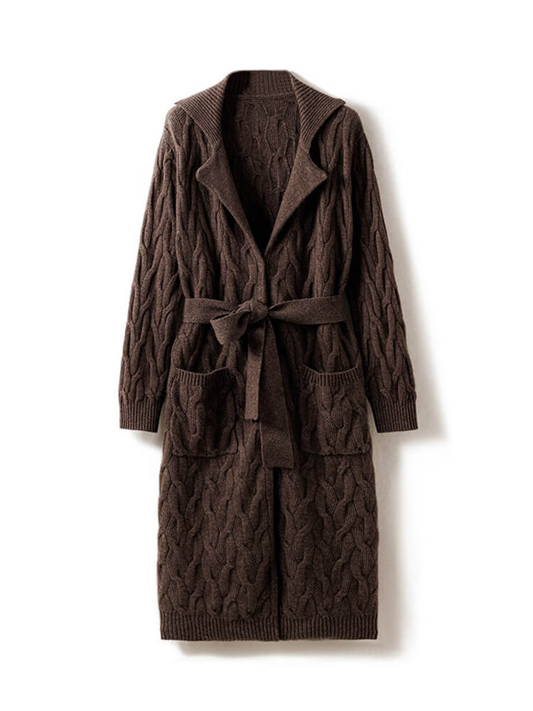 Cable Knit Lapel Collar Long Cashmere Robe