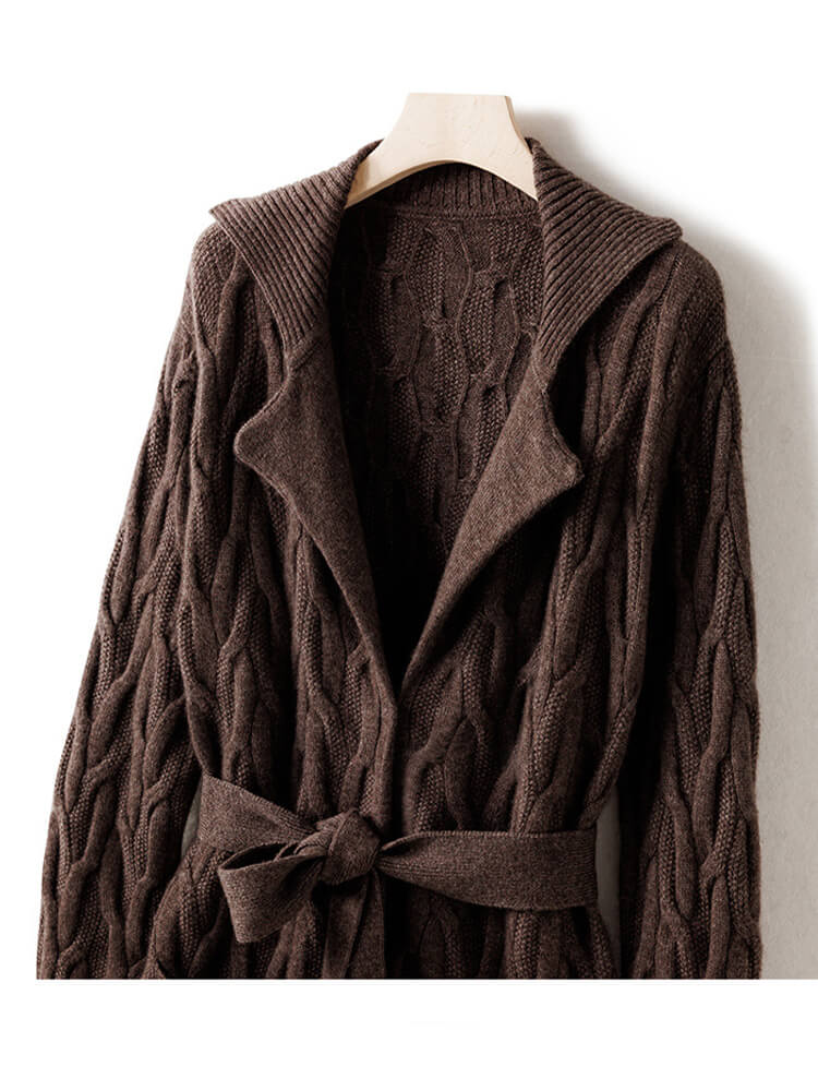 Cable Knit Lapel Collar Long Cashmere Robe