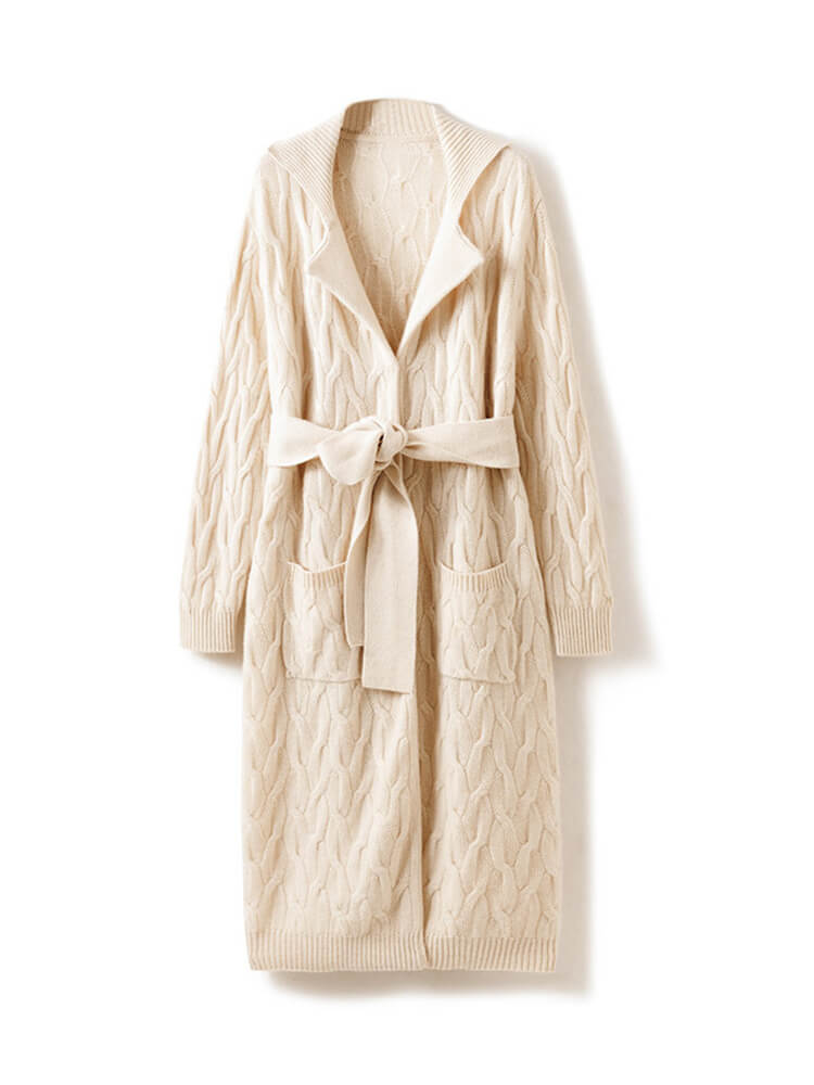 Cable Knit Lapel Collar Long Cashmere Robe